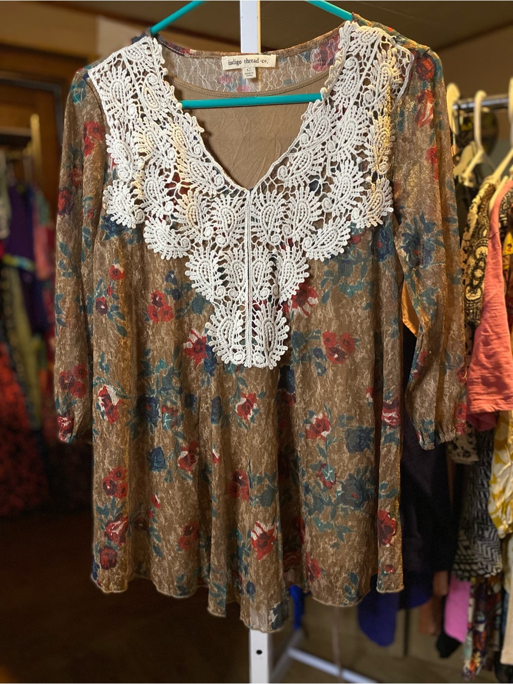 Indigo Thread Co. Brown Floral Lace-Trim Women’s Dress